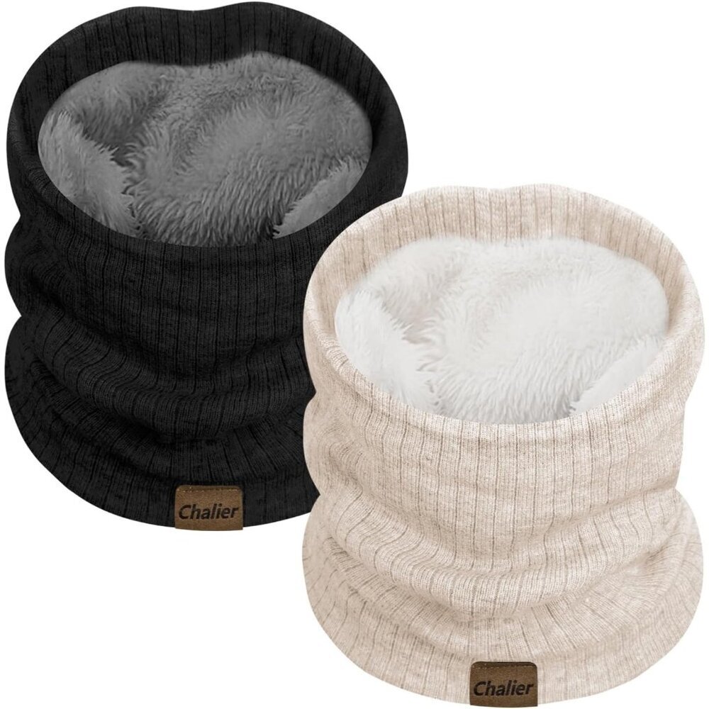 Women's (black+ Beige) Scarf Winter Double-Layer Neck Warmer Knit Fleece 2Pack